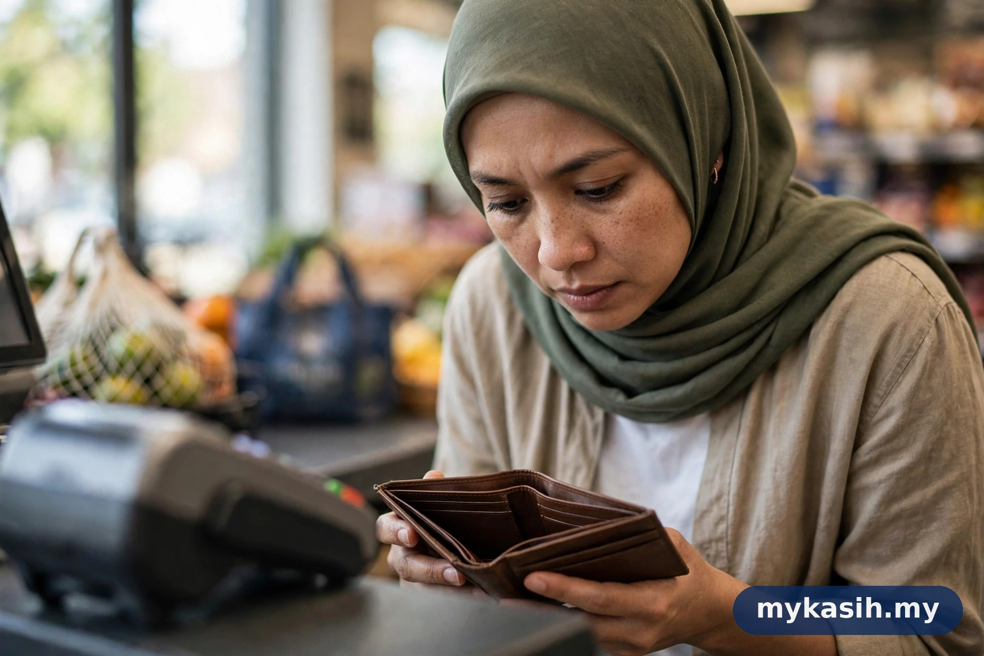 Pembeli memeriksa dompet kosong di kaunter pembayaran kedai runcit dengan terminal di latar — ilustrasi masalah baki SARA sifar
