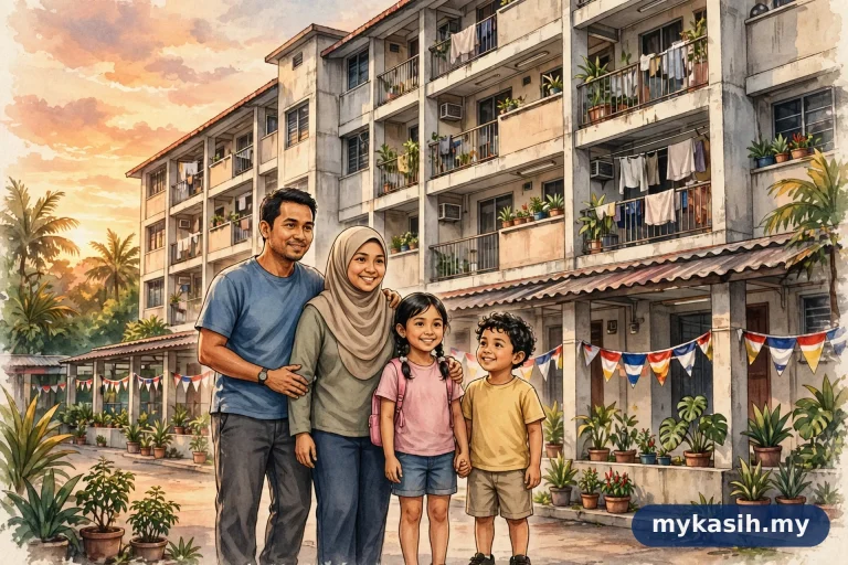 Keluarga Malaysia berpendapatan rendah di hadapan rumah PPR — ilustrasi panduan bantuan am JKM 2026