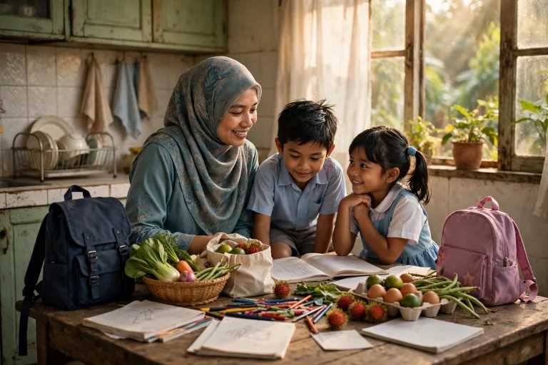 Ibu bersama dua anak kecil di meja dapur dengan beg sekolah — ilustrasi bantuan kanak-kanak bkk 2026