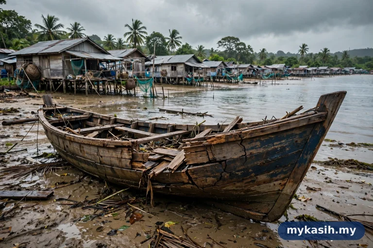 Nelayan melihat bot rosak akibat ribut — bantuan bencana nelayan LKIM sehingga RM10,000