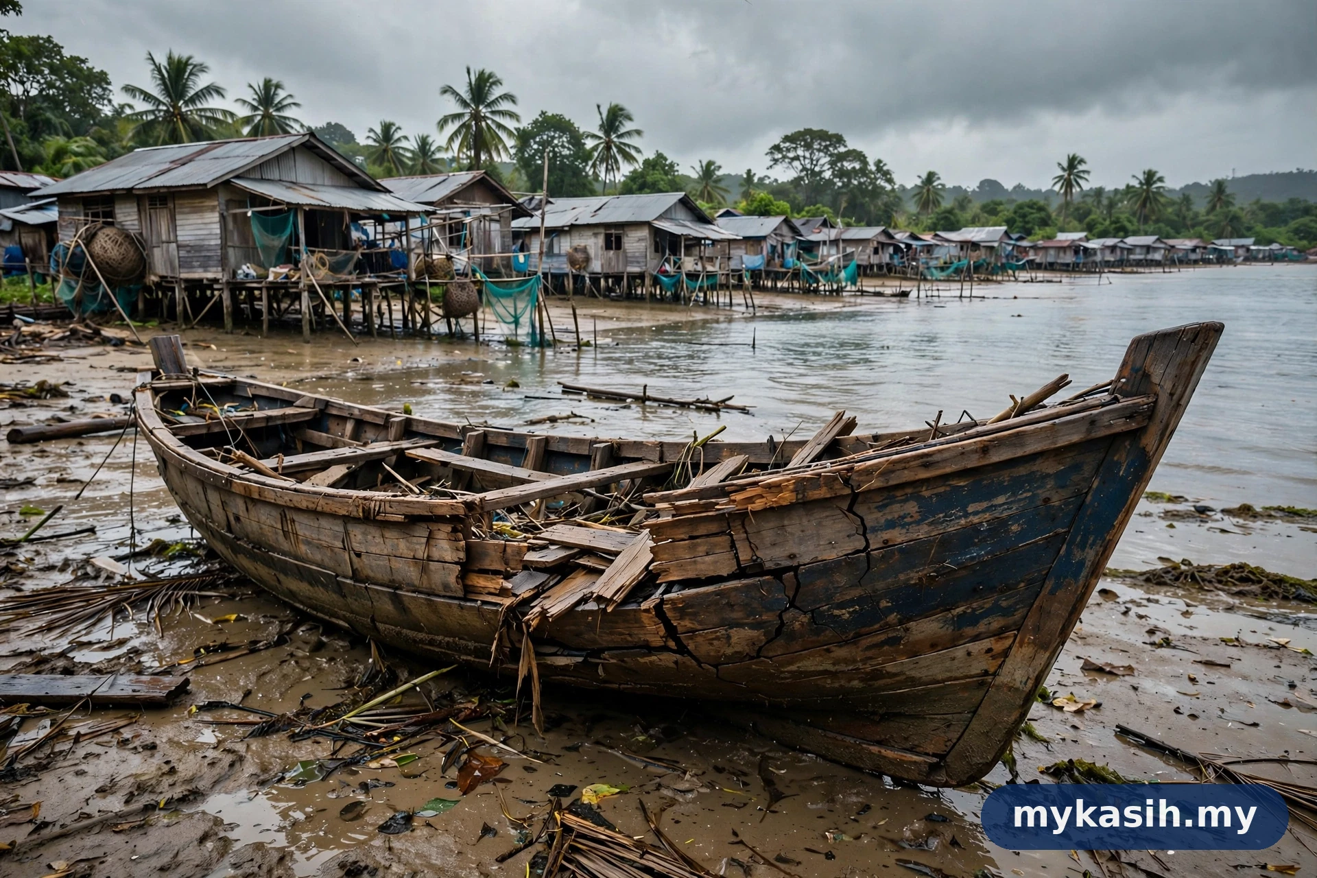 Nelayan melihat bot rosak akibat ribut — bantuan bencana nelayan LKIM sehingga RM10,000