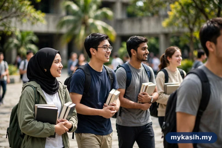 Sekumpulan pelajar universiti membawa beg dan buku berjalan melintasi pekarangan kampus — ilustrasi bantuan pelajar IPT B40