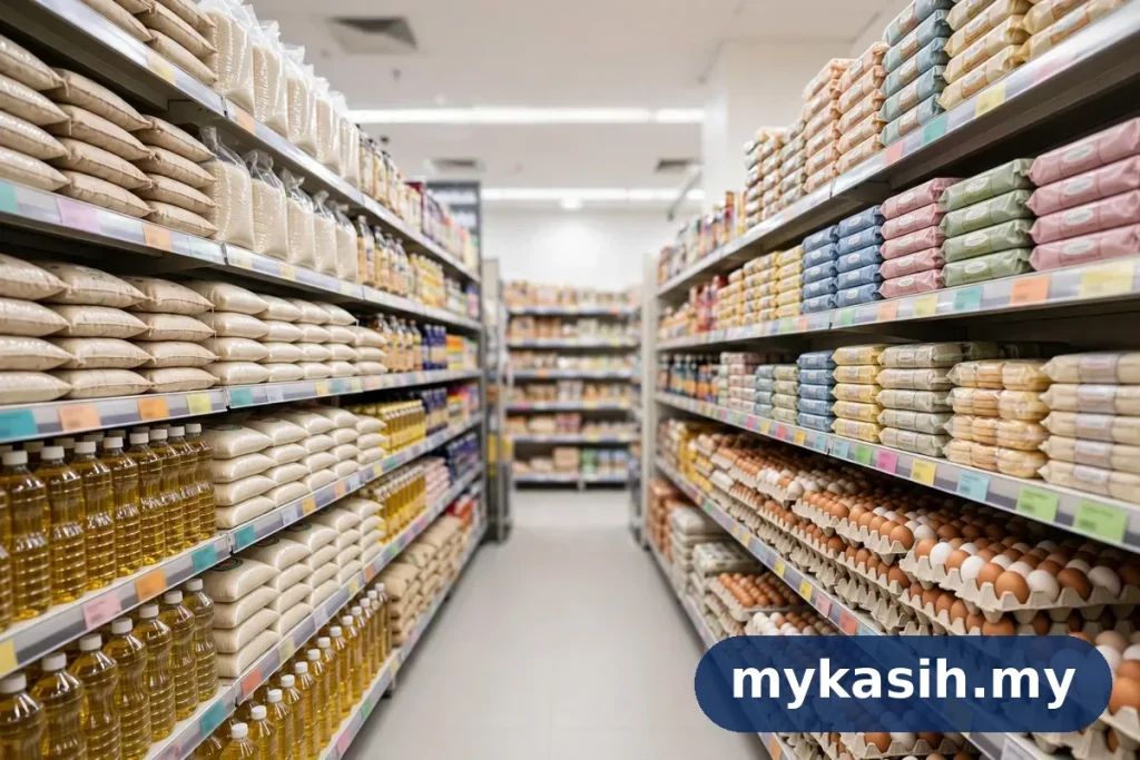 Rak kedai dengan barangan asas berlabel MyKasih dalam senarai barangan SARA