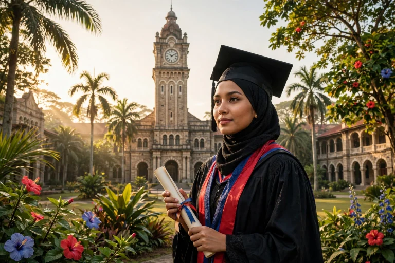 Graduan Selangor dalam jubah akademik di hadapan bangunan universiti — ilustrasi tajuk biasiswa bitara 2026