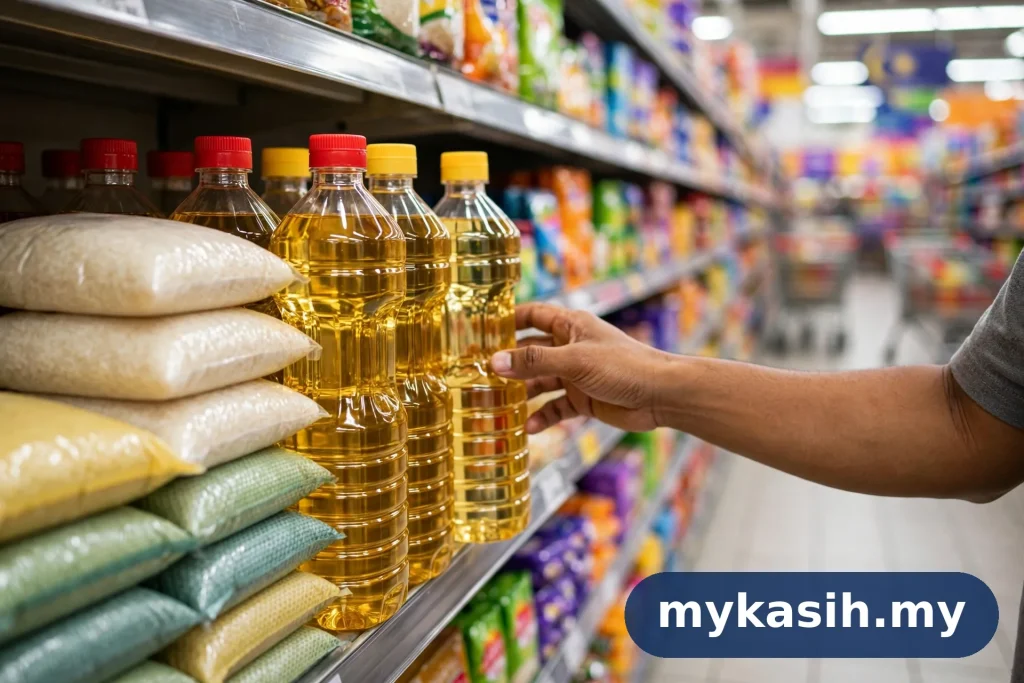 Memilih barangan asas berlabel di rak kedai untuk cara guna SARA
