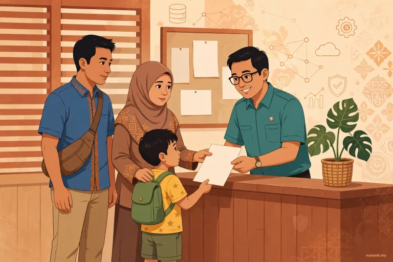 Keluarga Malaysia di kaunter pejabat kerajaan menyerahkan borang pendaftaran eKasih kepada pegawai — ilustrasi panduan cara daftar eKasih 2026
