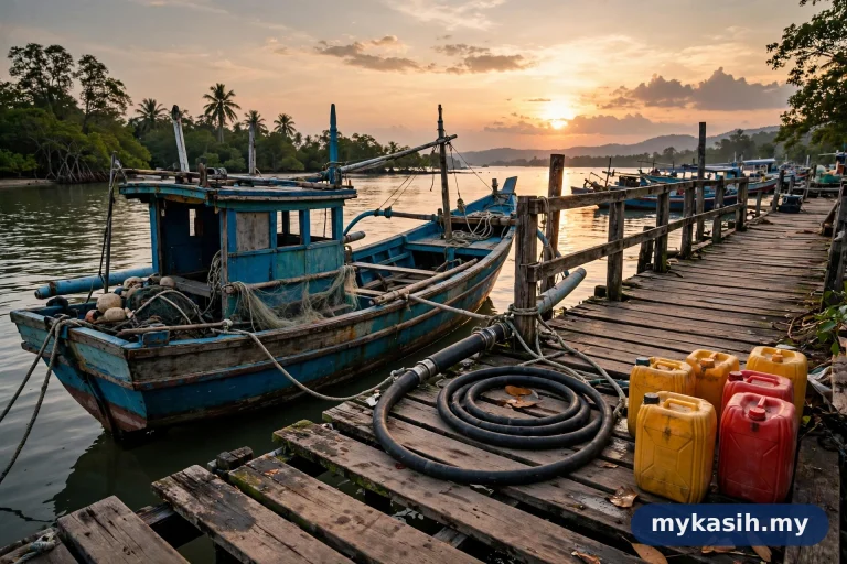 Bot nelayan tradisional Malaysia di jeti semasa matahari terbenam dengan tangki minyak — ilustrasi panduan diesel subsidi nelayan RM1.65