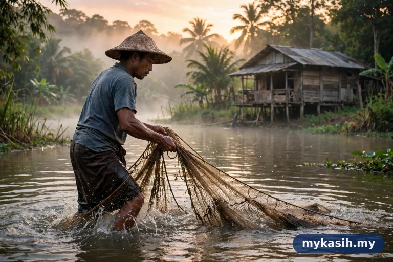 Nelayan darat Malaysia menarik pukat di sungai pedalaman ketika pagi — ilustrasi panduan elaun nelayan darat RM250