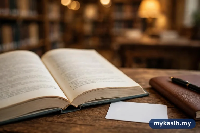 Buku glosari terbuka di atas meja kayu bersebelahan kad pengenalan kosong dan buku nota — ilustrasi glosari SARA MyKasih