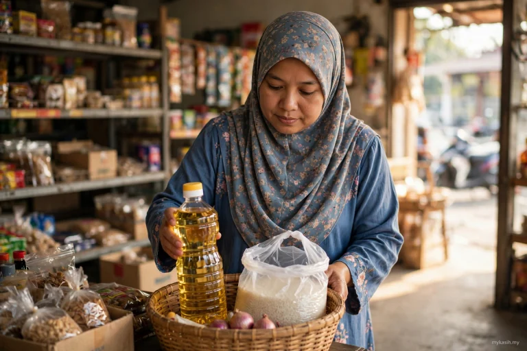 Ibu Malaysia membeli barangan keperluan asas di kedai runcit — ilustrasi jumlah MyKasih sebulan RM50 hingga RM200 untuk penerima SARA 2026