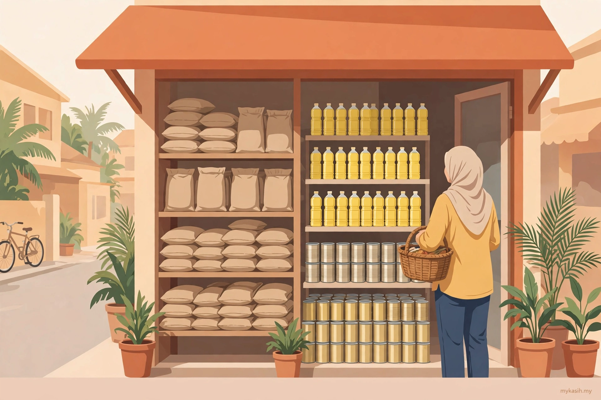 Kedai runcit kejiranan Malaysia dengan hasil segar di luar premis dan penanda lokasi — ilustrasi panduan senarai kedai MyKasih 2026