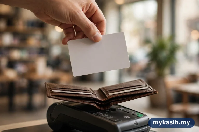 Tangan memegang kad pengenalan secara melindungi di atas dompet di terminal pembayaran kedai — ilustrasi keselamatan MyKad SARA