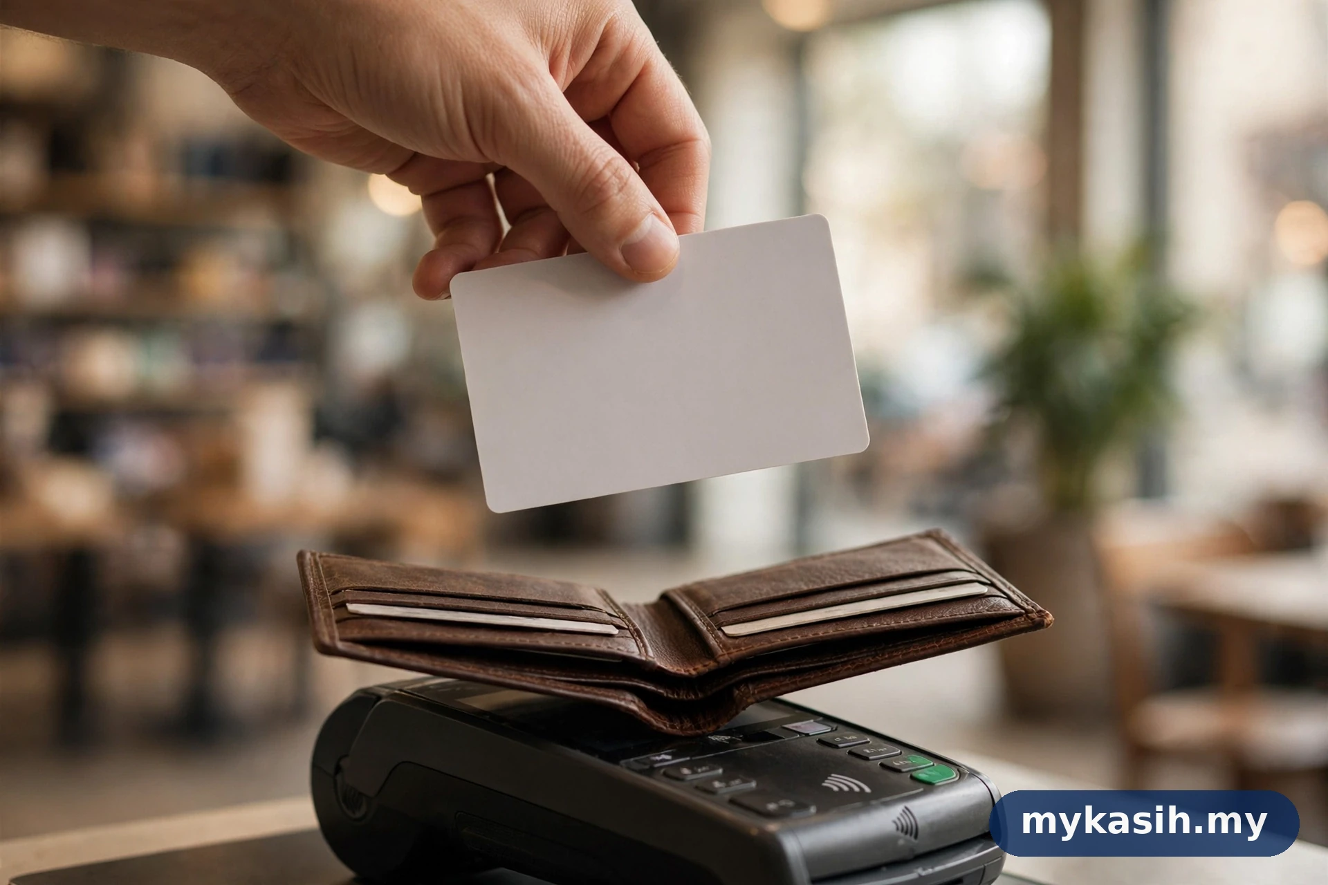 Tangan memegang kad pengenalan secara melindungi di atas dompet di terminal pembayaran kedai — ilustrasi keselamatan MyKad SARA
