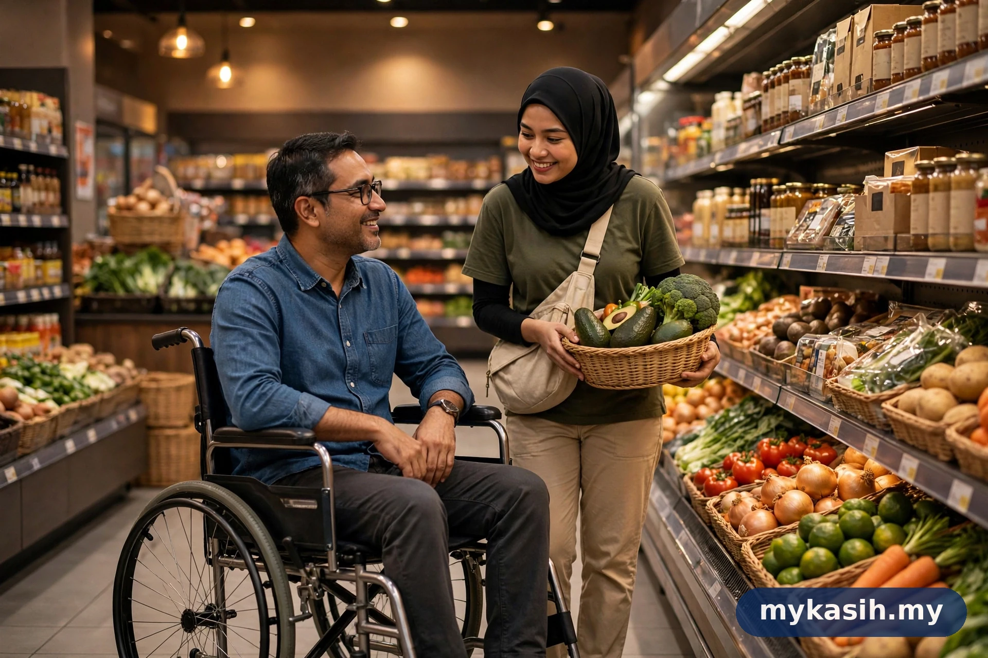 Seorang pengguna kerusi roda membeli barangan runcit dengan bantuan peneman di lorong pasar raya — ilustrasi OKU bantuan SARA 2026