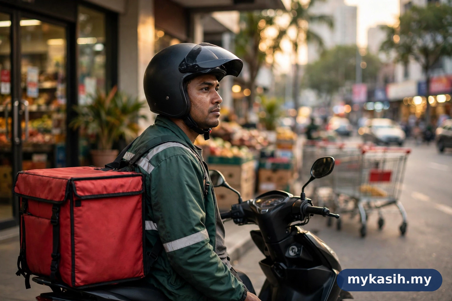 Rider penghantar makanan dengan beg penghantaran di hadapan kedai runcit — ilustrasi panduan pekerja gig SARA 2026