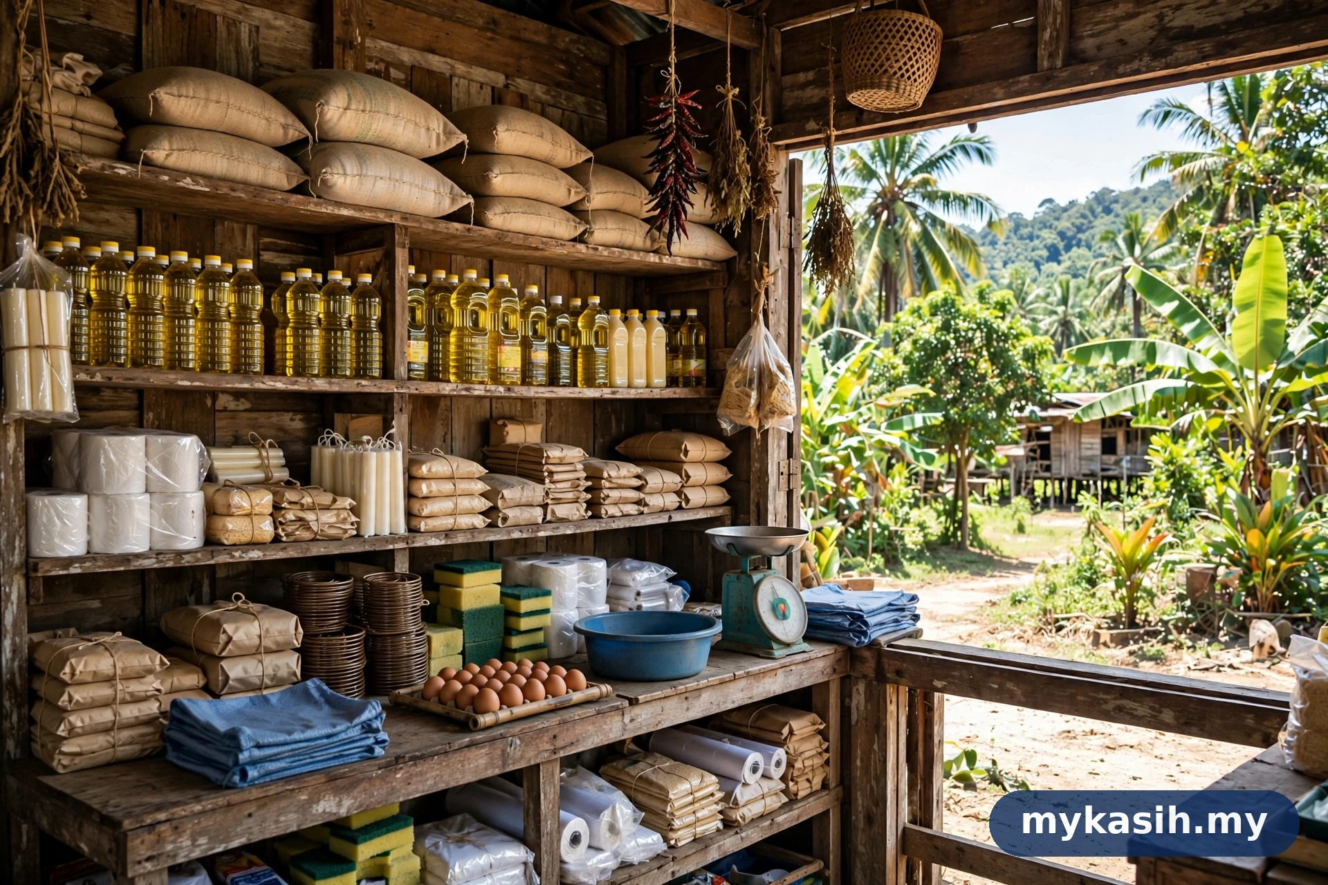 Kedai runcit kampung di Sabah dengan rak barangan asas — panduan SARA Sabah Sarawak dan senarai kedai berdaftar