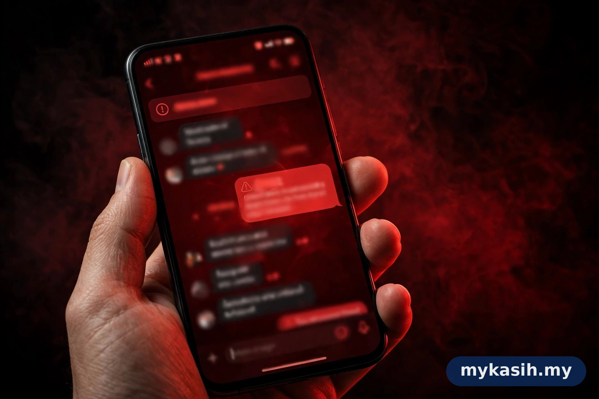 Tangan memegang telefon pintar dengan mesej mencurigakan dalam nada amaran merah — ilustrasi scam SARA WhatsApp dan pautan palsu
