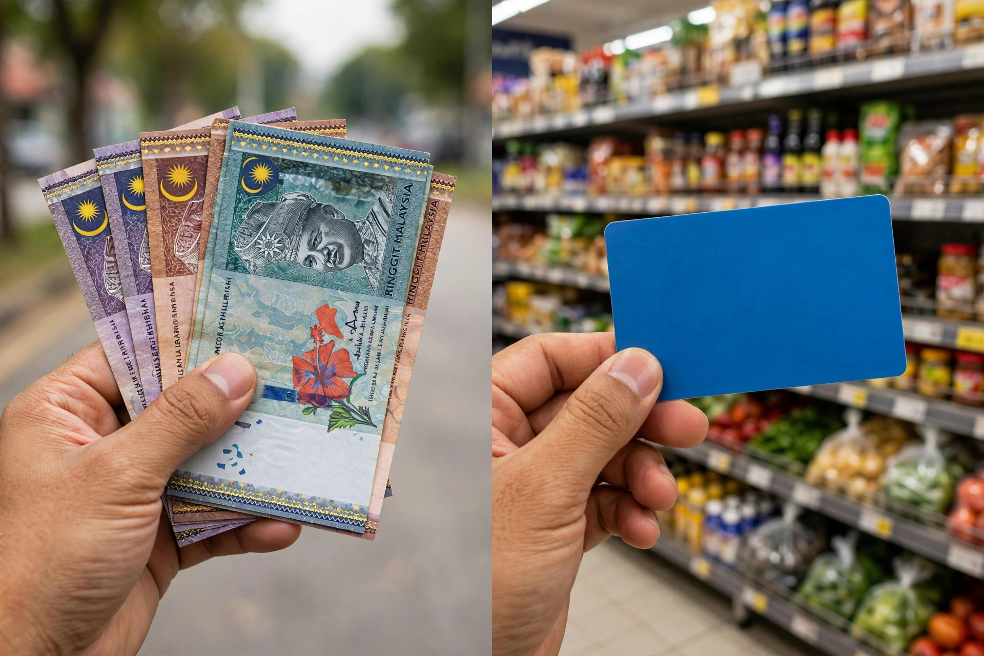 Dua tangan memegang wang tunai dan MyKad berhampiran rak kedai — ilustrasi perbezaan str vs sara 2026