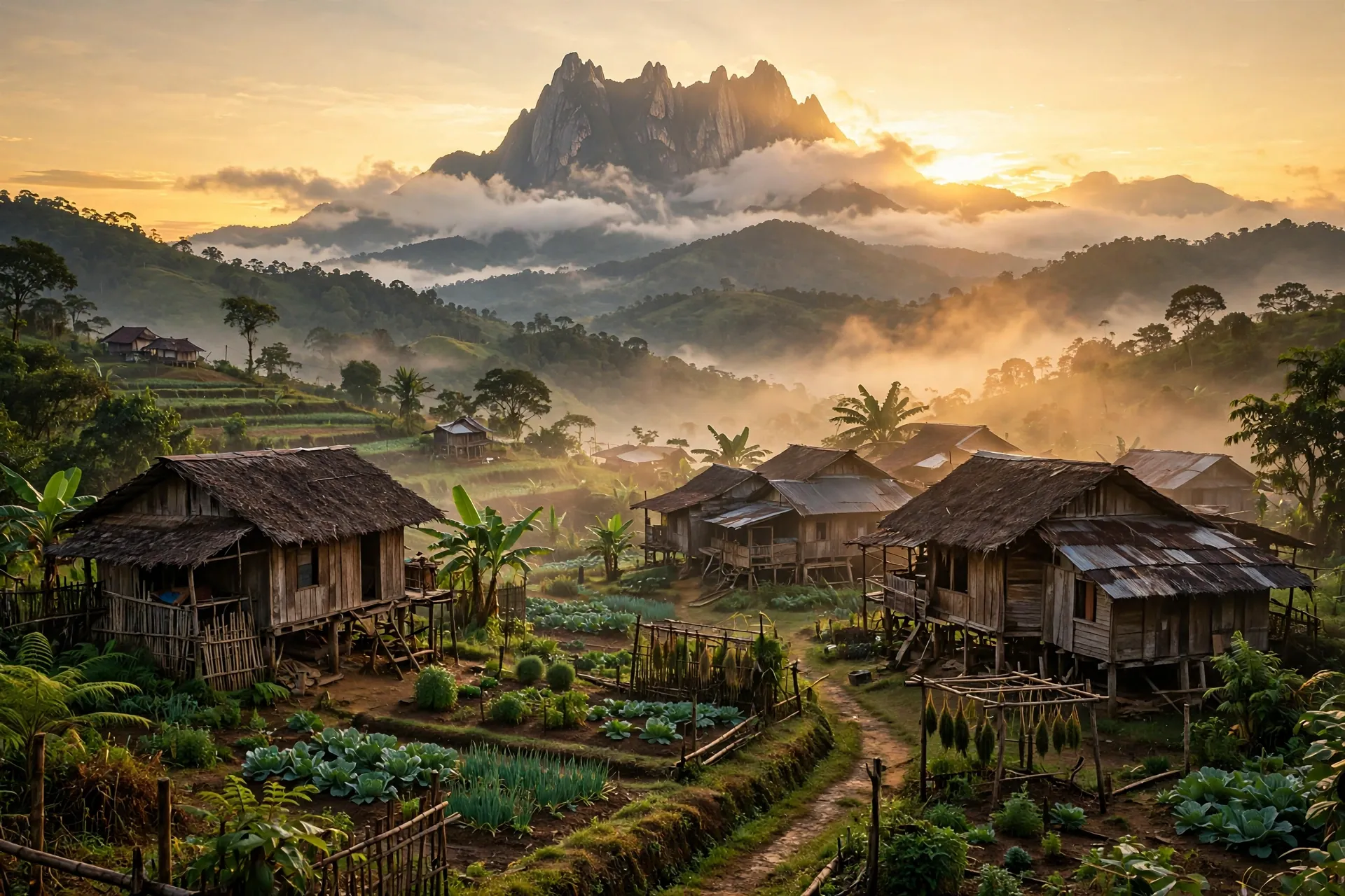 Pemandangan Gunung Kinabalu ketika matahari terbit dengan kampung kayu tradisional di Sabah — tema artikel tarikh bayaran SYUKUR Fasa 3 bantuan Sabah 2026