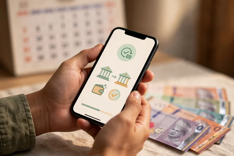 Tangan memegang telefon pintar memaparkan pemindahan bank dengan wang kertas ringgit dan kalendar — ilustrasi tarikh bayaran str fasa 1 2026